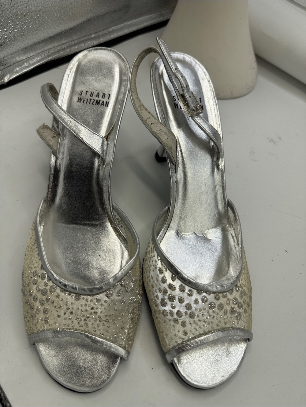 Stuart Weitzman Silver Crystal-Embellished Peep Toe Slingback Heels size7